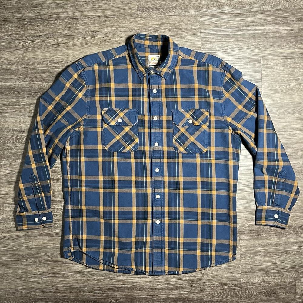 Surf Pendleton Beach Shack Flannel Shirt Men's L Blue Yellow Plaid Cotton EUC